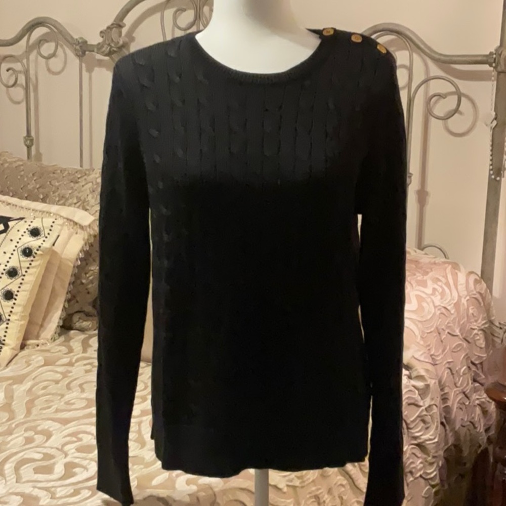 Ralph Lauren Black Cable Knit Sweater with Gold Button Accents